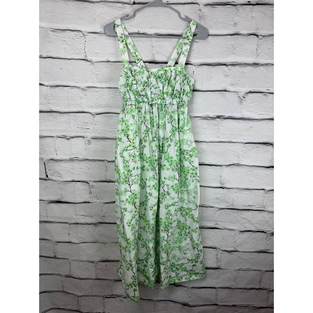 J.Crew Green White Floral Smocked Cotton Midi Dress Size 0 Sleeveless Summer - Picture 2 of 9